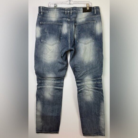 EMBELLISH Turkish Biker Denim Blue Wash Jeans Distressed Basket Weave Sz 38X34 - Picture 8 of 12